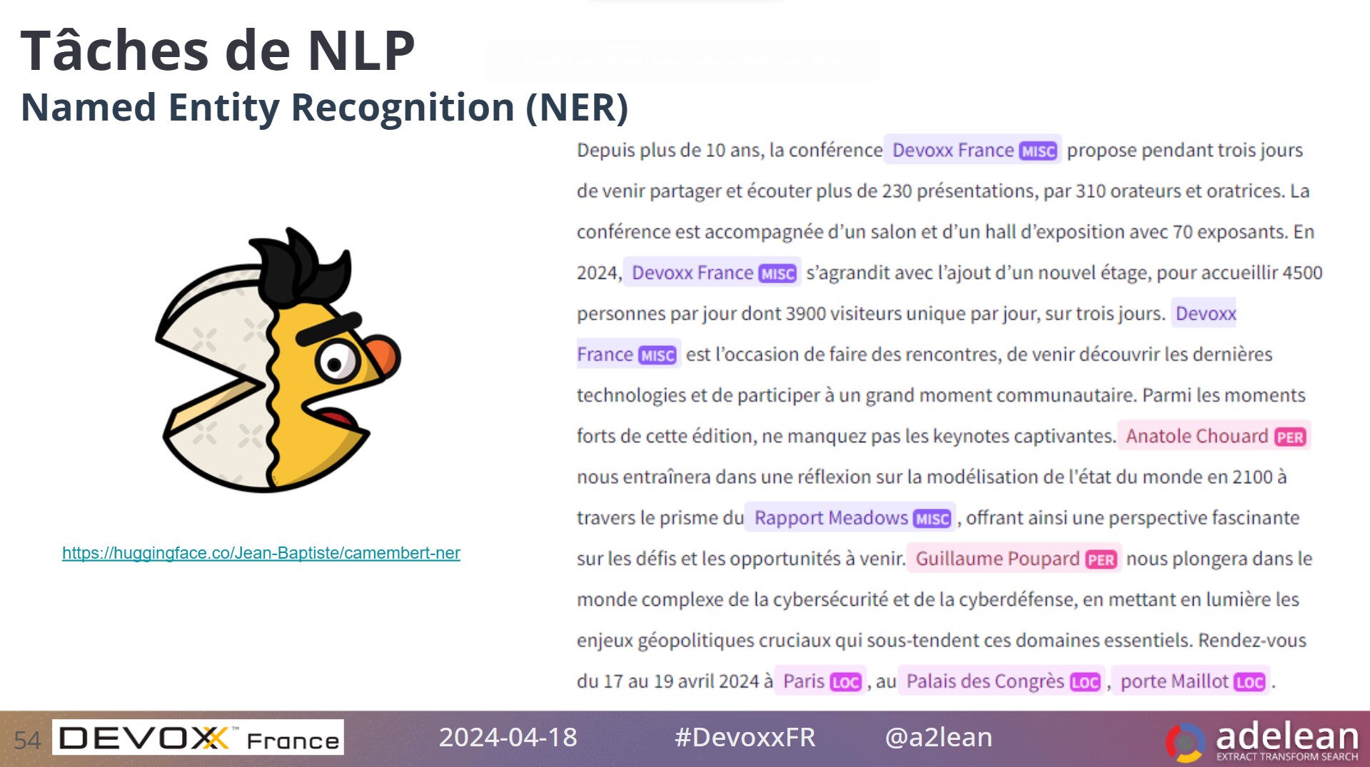 Copie d'écran du retour d&rsquo;un modèle NER de Hugging Face