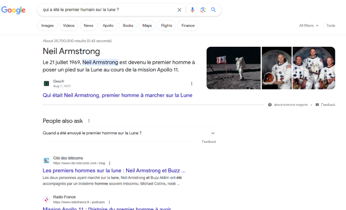 Résultat de recherche Google avec liens, extraits et réponse synthétique
